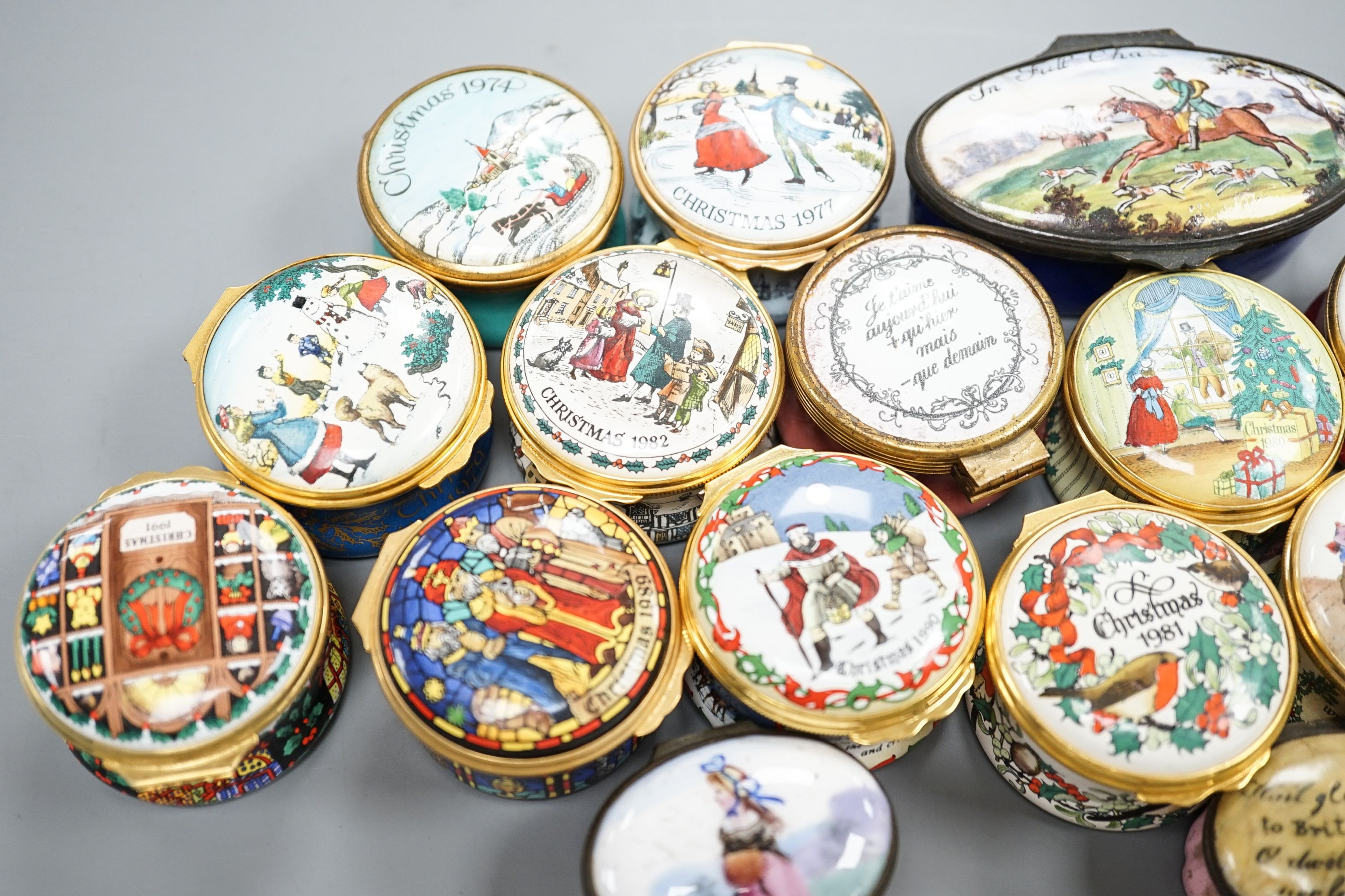 A collection of enamel patch boxes including Halcyon Days